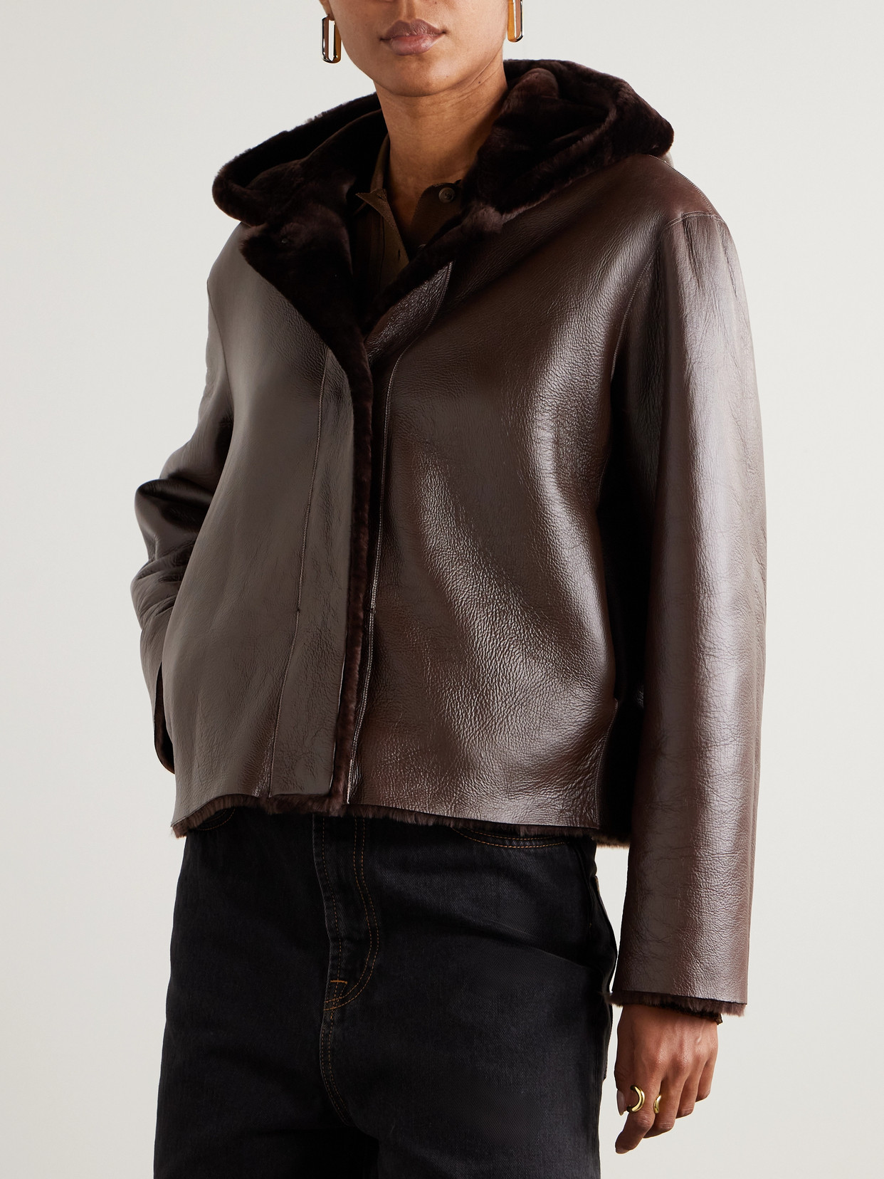 Nour Hammour Cooper Hooded Shearling Jacket In Brown