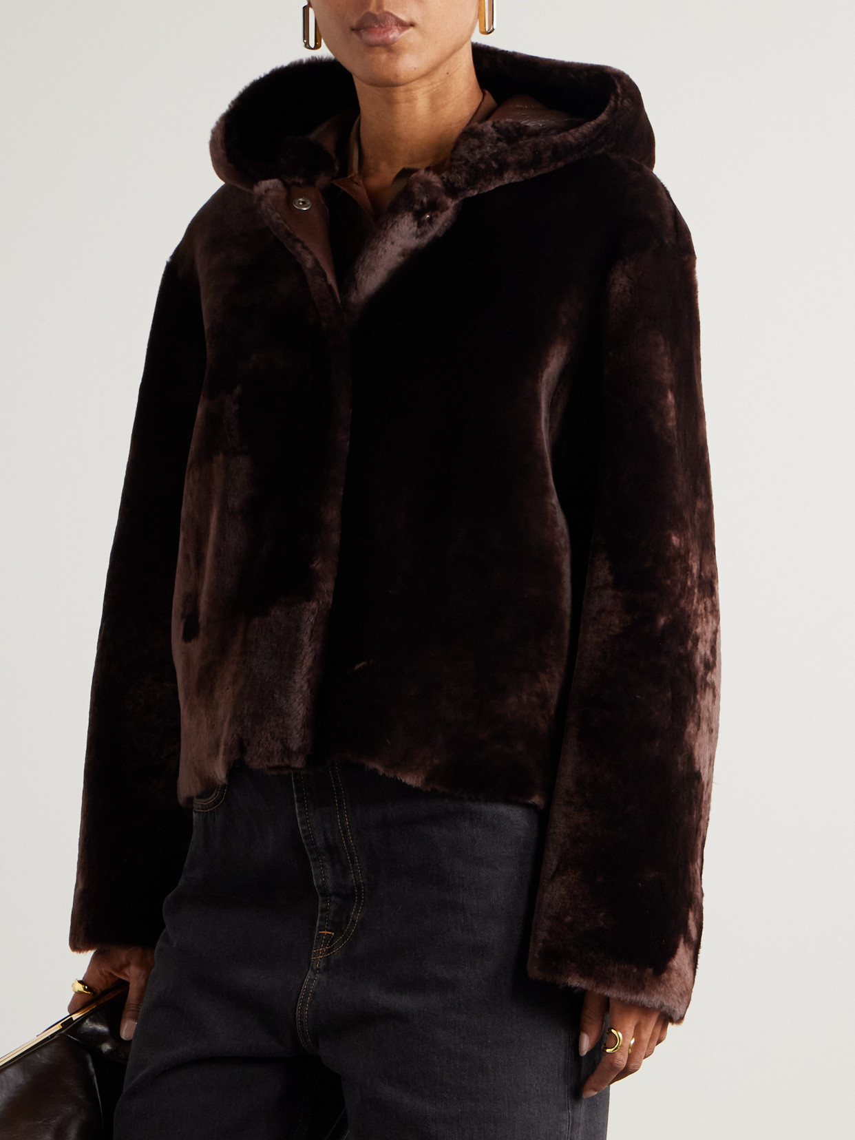 Nour Hammour Cooper Hooded Shearling Jacket In Brown