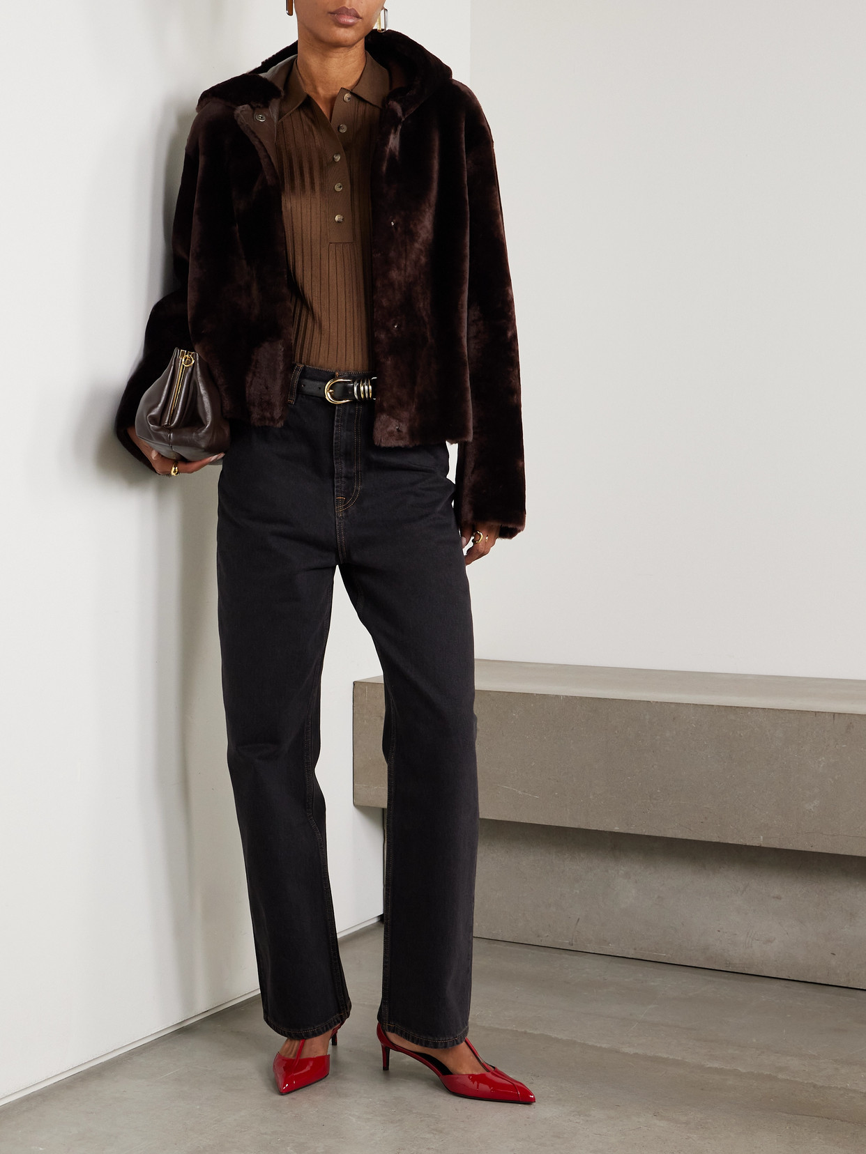 Nour Hammour Cooper Hooded Shearling Jacket In Brown