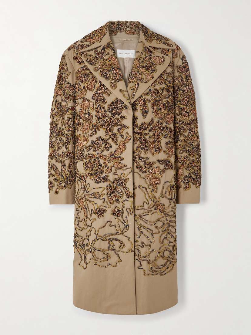 Dries Van Noten Sequin-embellished Appliquéd Cotton-twill Coat