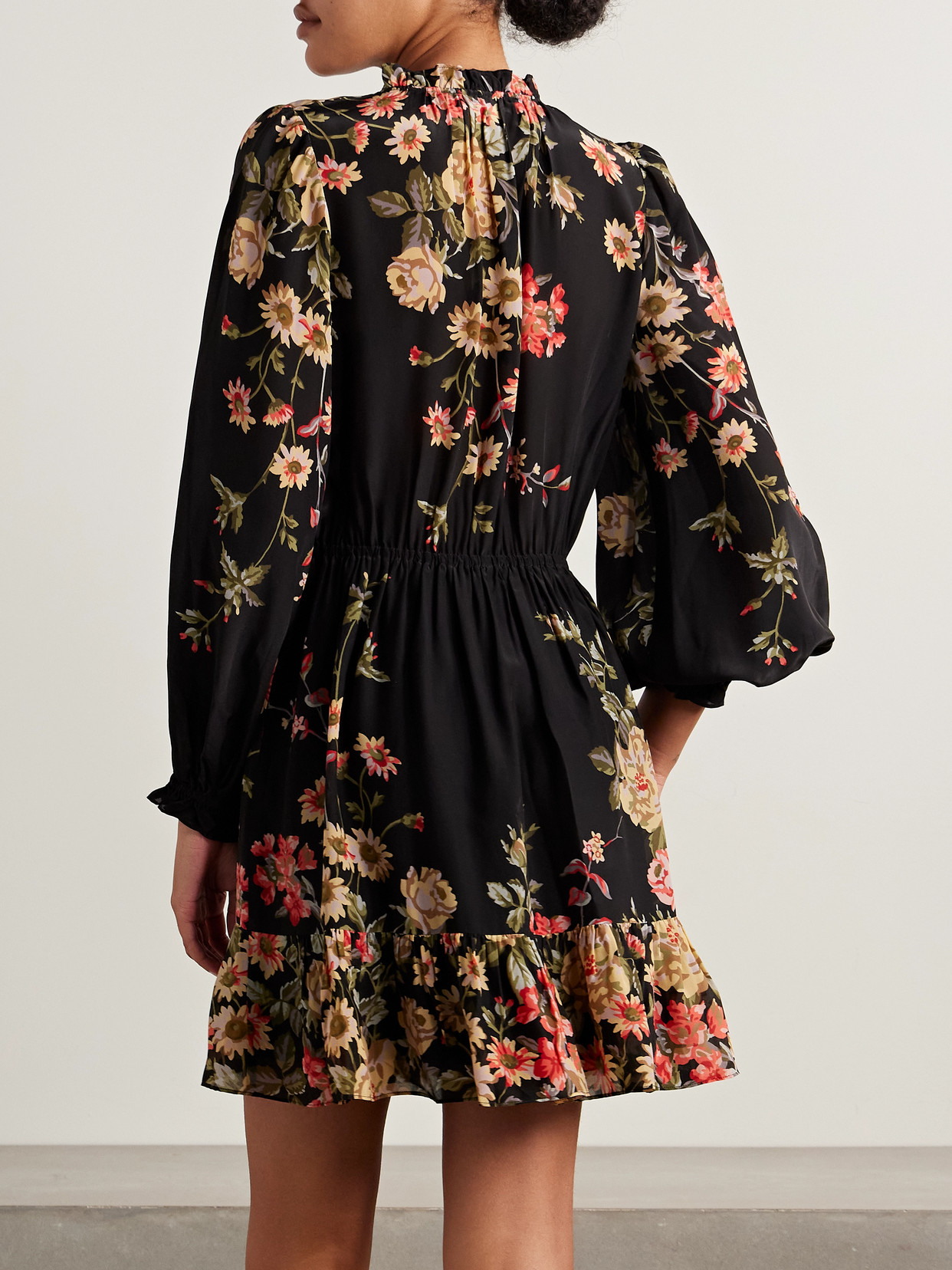 Sea Jolie Ruffled Floral-print Crepe De Chine Mini Dress In Black