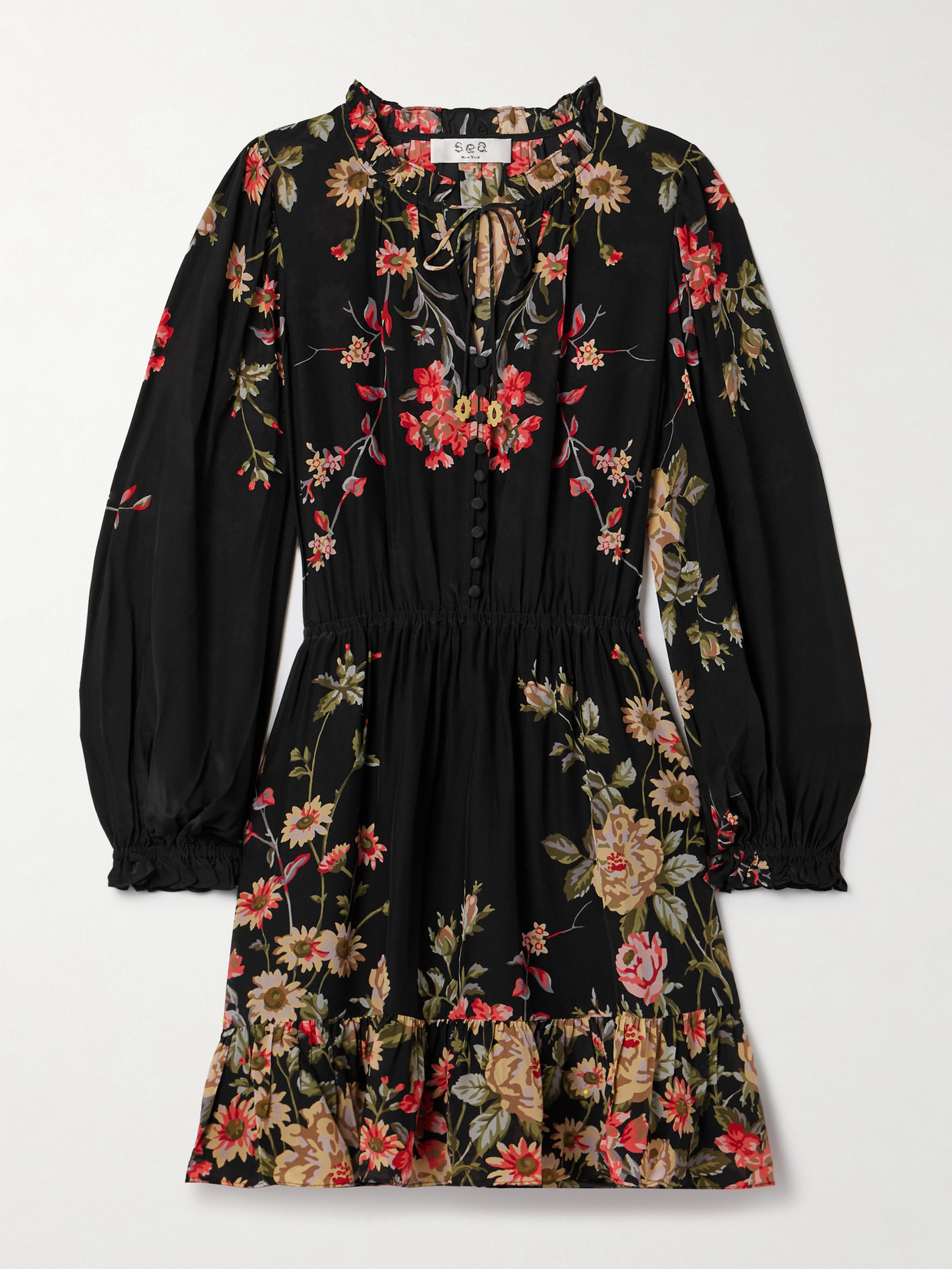 Sea Jolie Ruffled Floral-print Crepe De Chine Mini Dress In Black