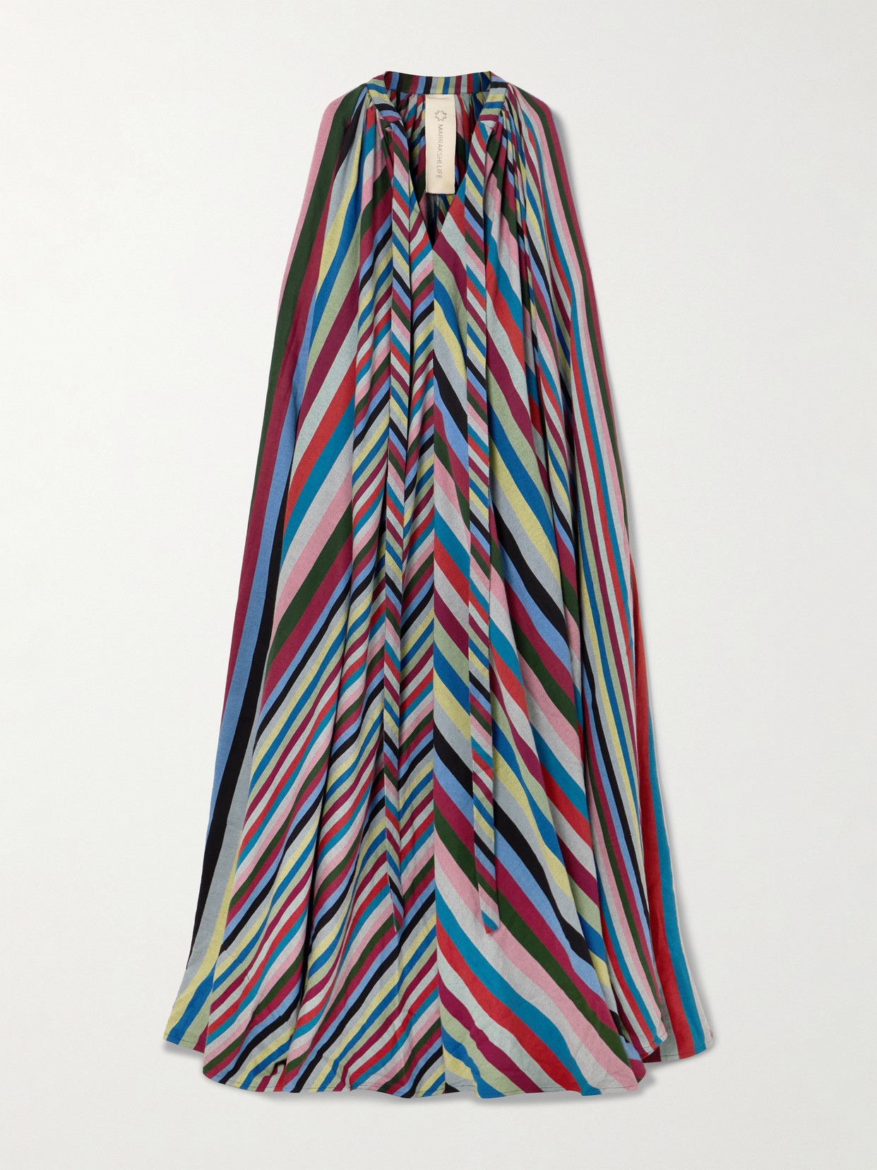 Marrakshi Life Tie-neck Cape-effect Striped Cotton Maxi Dress In Multi