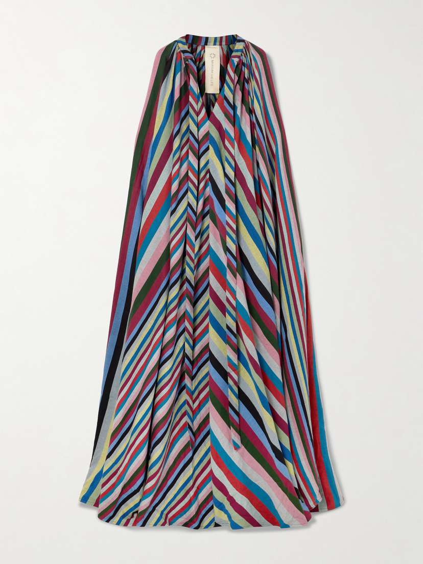 Marrakshi Life Tie-neck Cape-effect Striped Cotton Maxi Dress