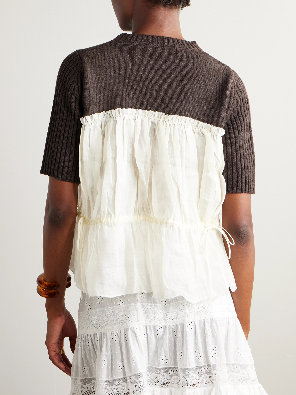 Sea Mallory Pleated Smocked Ramie-trimmed Wool Sweater In Brown