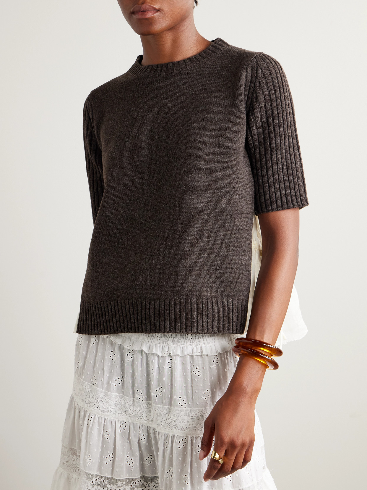 Sea Mallory Pleated Smocked Ramie-trimmed Wool Sweater In Brown