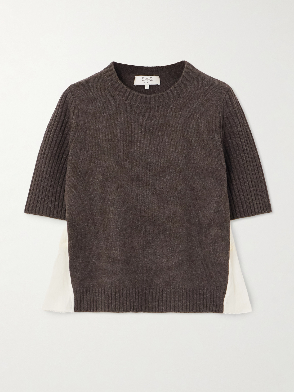 Sea Mallory Pleated Smocked Ramie-trimmed Wool Sweater In Brown