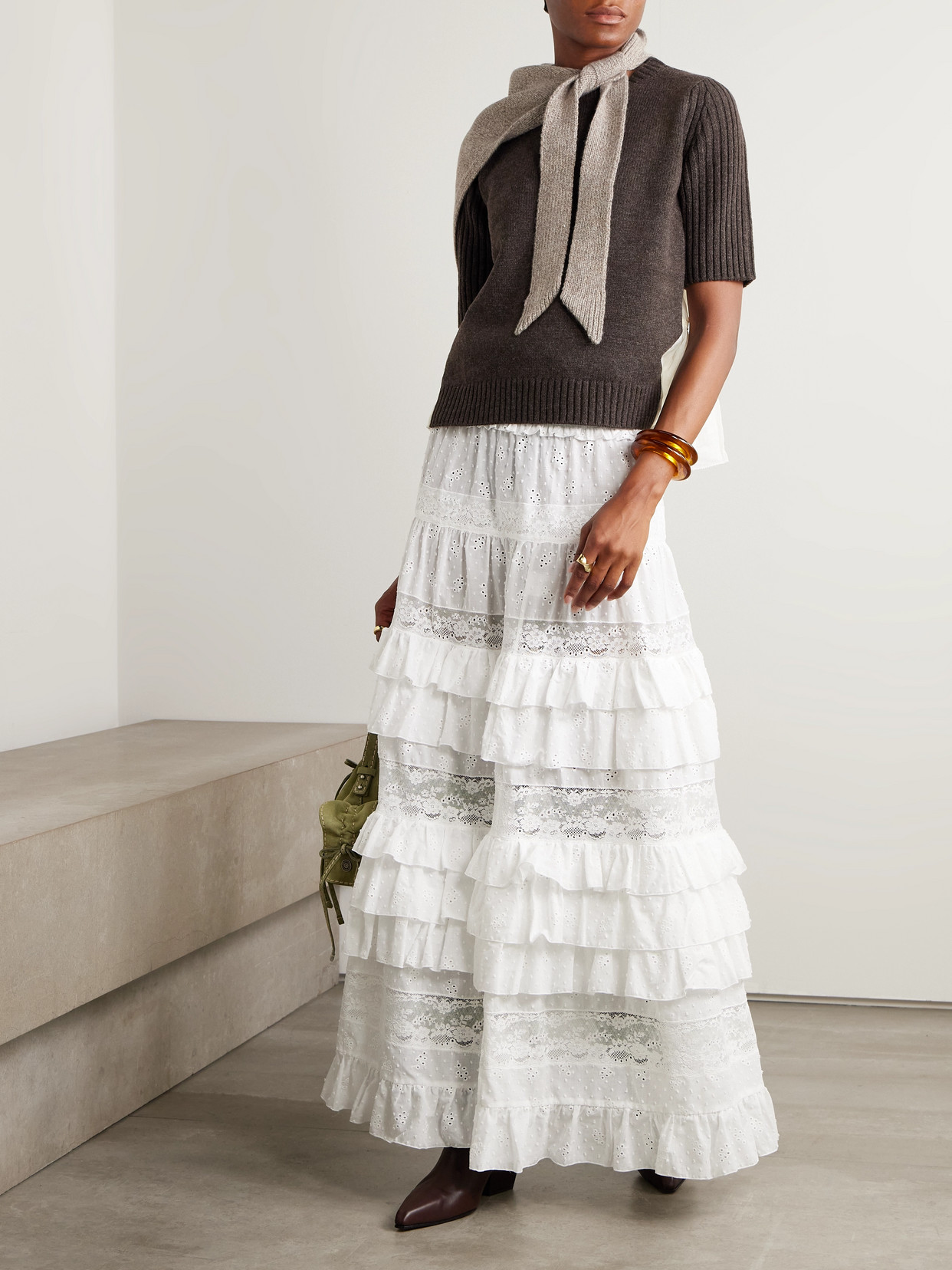 Sea Mallory Pleated Smocked Ramie-trimmed Wool Sweater In Brown