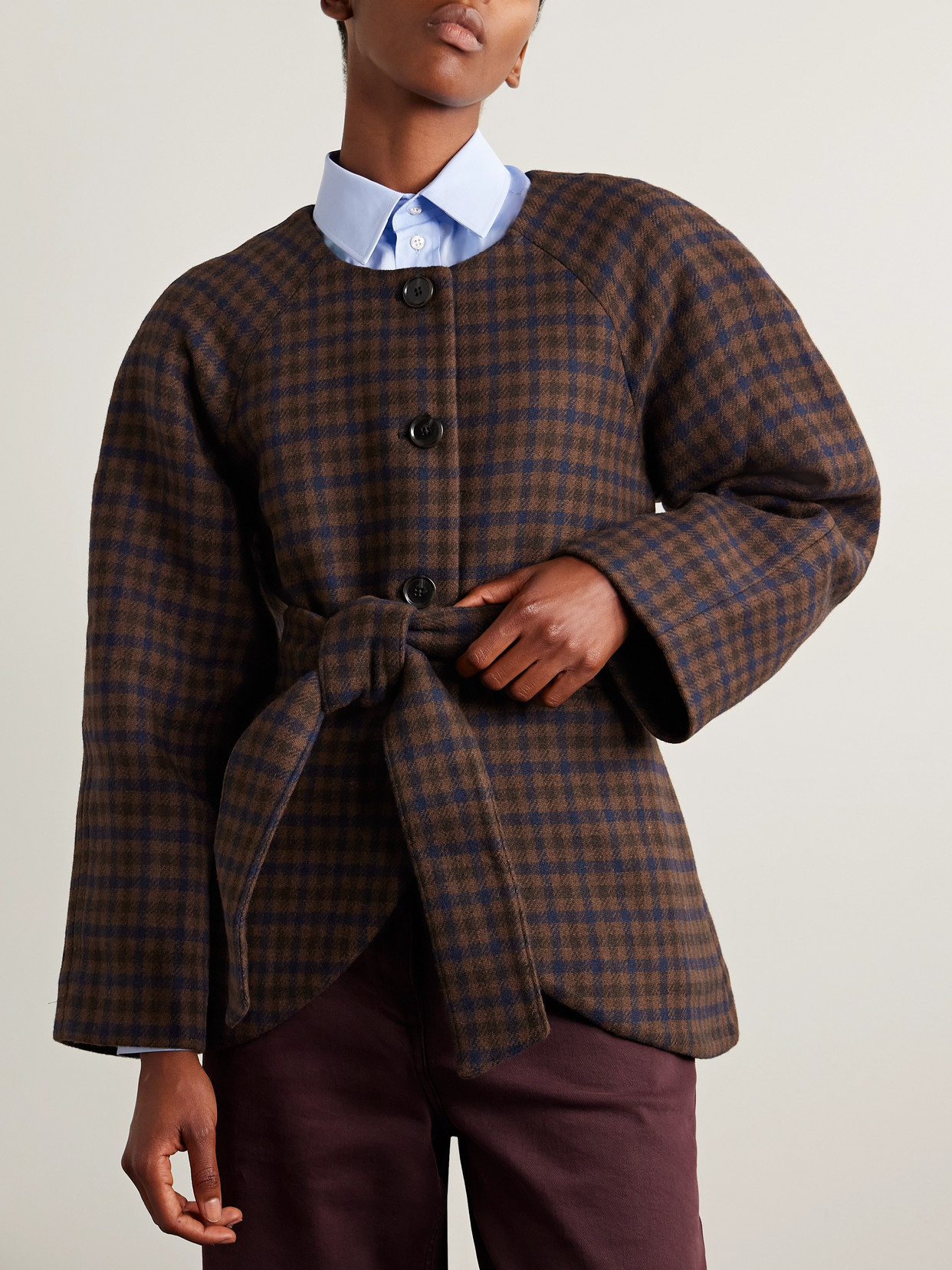 Sea Beatrice Belted Checked Woven Jacket In Brown