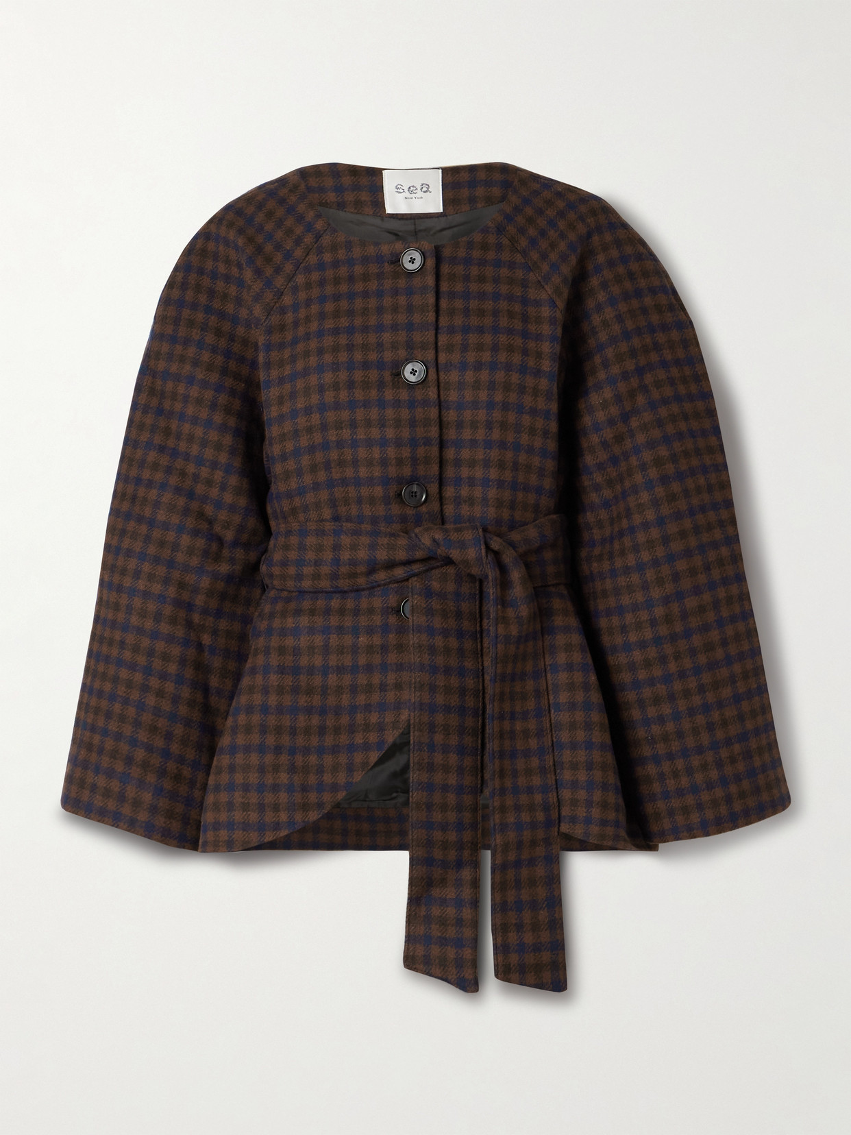 Sea Beatrice Belted Checked Woven Jacket In Brown