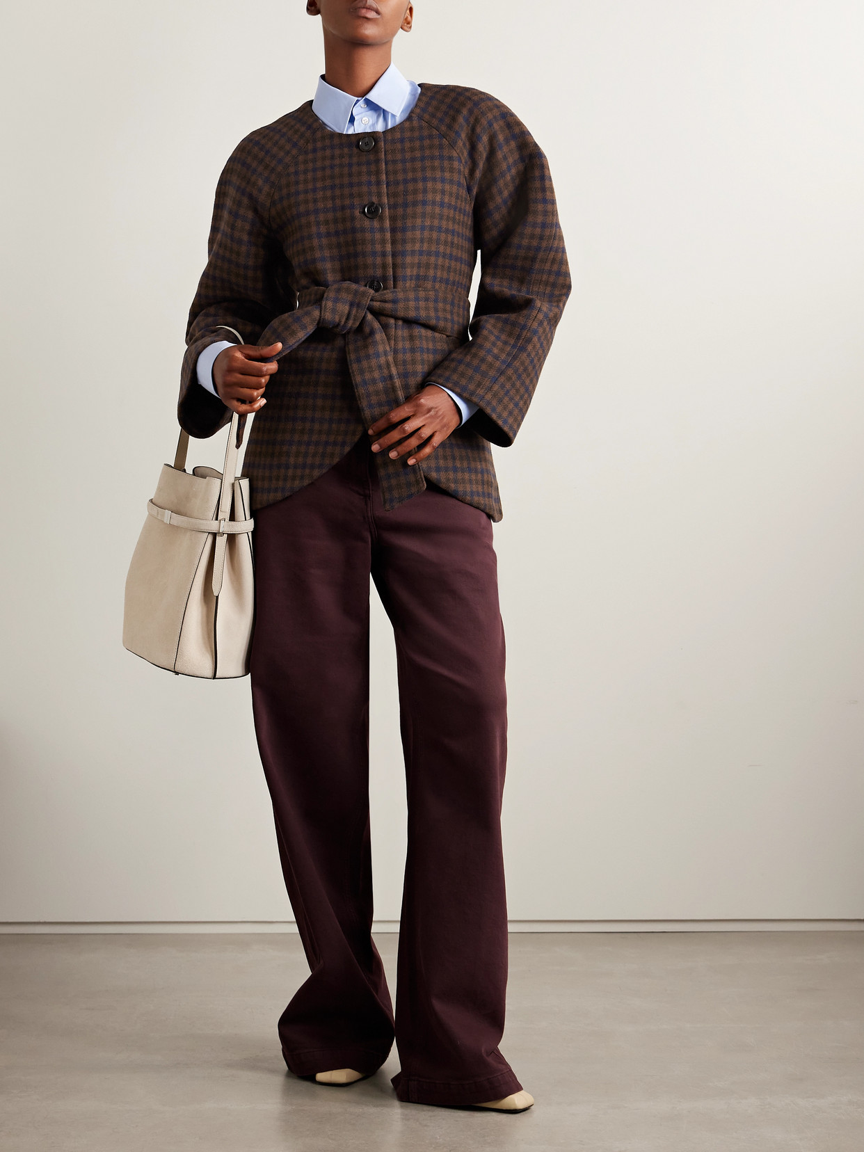Sea Beatrice Belted Checked Woven Jacket In Brown