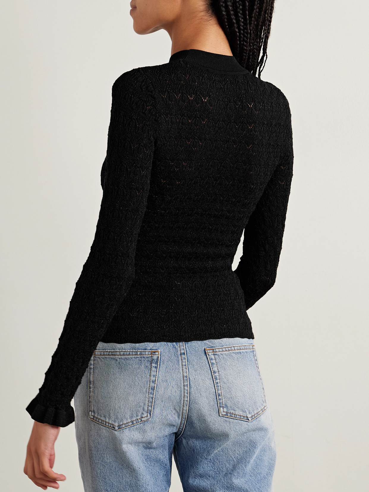 Sea Ruby Ruffled Metallic Pointelle-knit Top In Black