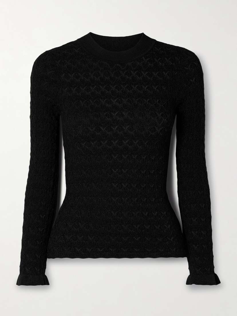 Sea Ruby Ruffled Metallic Pointelle-knit Top