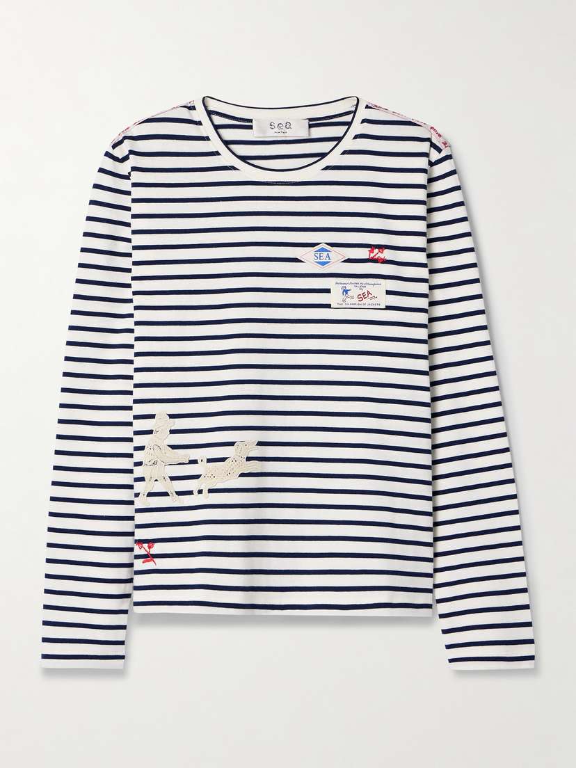 Sea Athena Appliquéd Embroidered Striped Cotton-jersey T-shirt