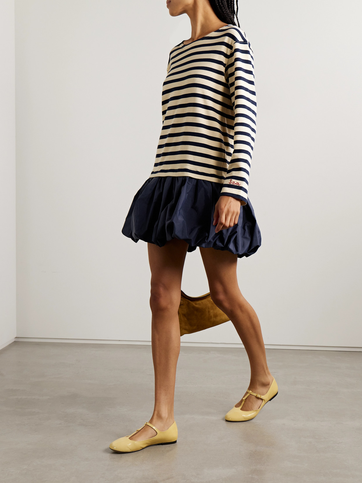 Sea Athena Striped Cotton-jersey And Gathered Shell Mini Dress In Blue