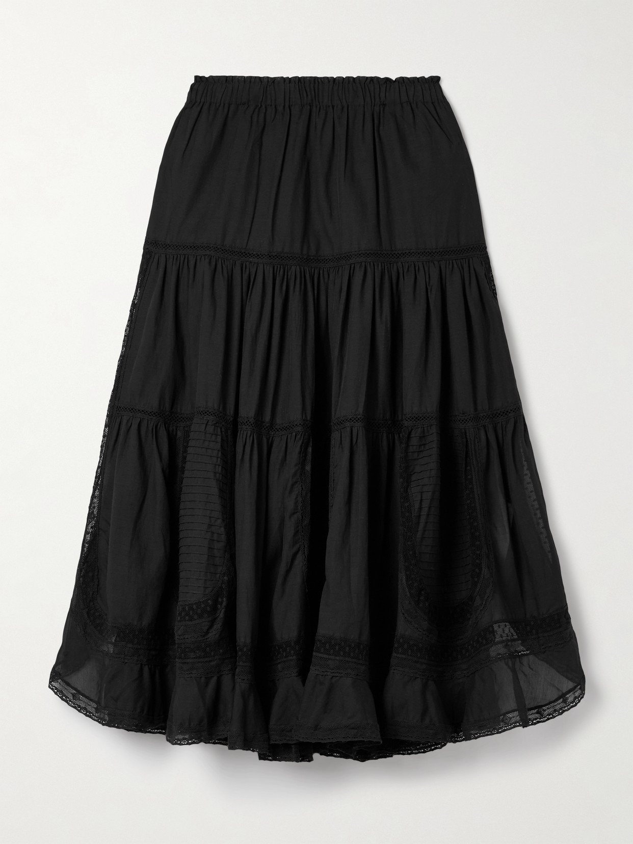Sea Franca Tiered Lace-trimmed Cotton-blend Midi Skirt In Black
