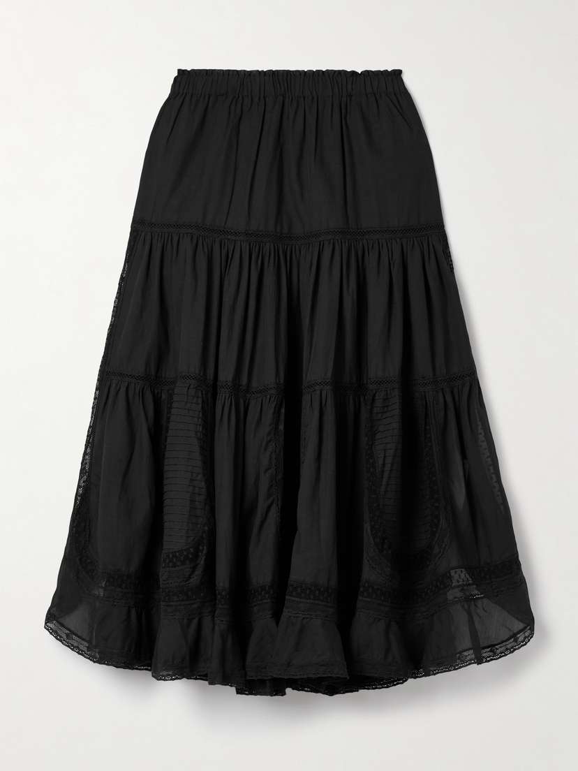 Sea Franca Tiered Lace-trimmed Cotton-blend Midi Skirt