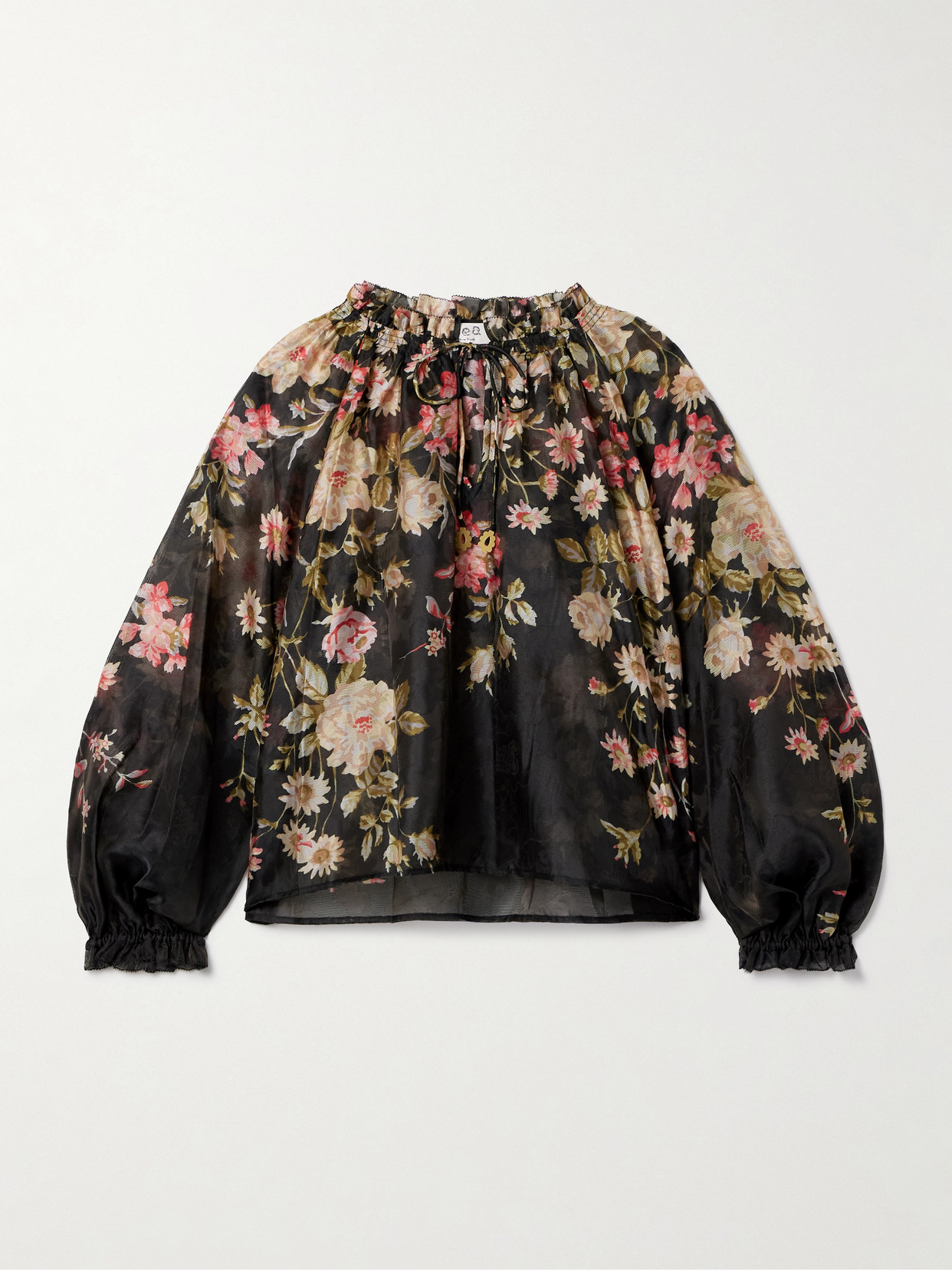 Sea Jolie Ruffled Floral-print Organza Blouse In Black