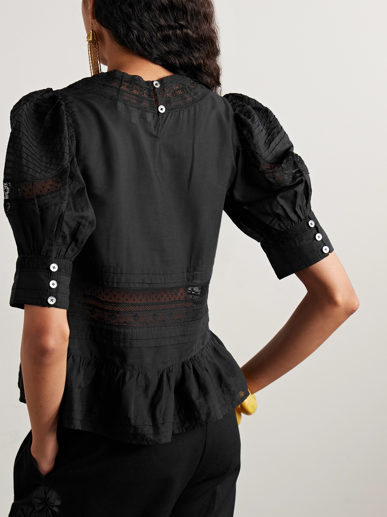 Sea Franca Lace-trimmed Cotton-blend Voile Blouse In Black