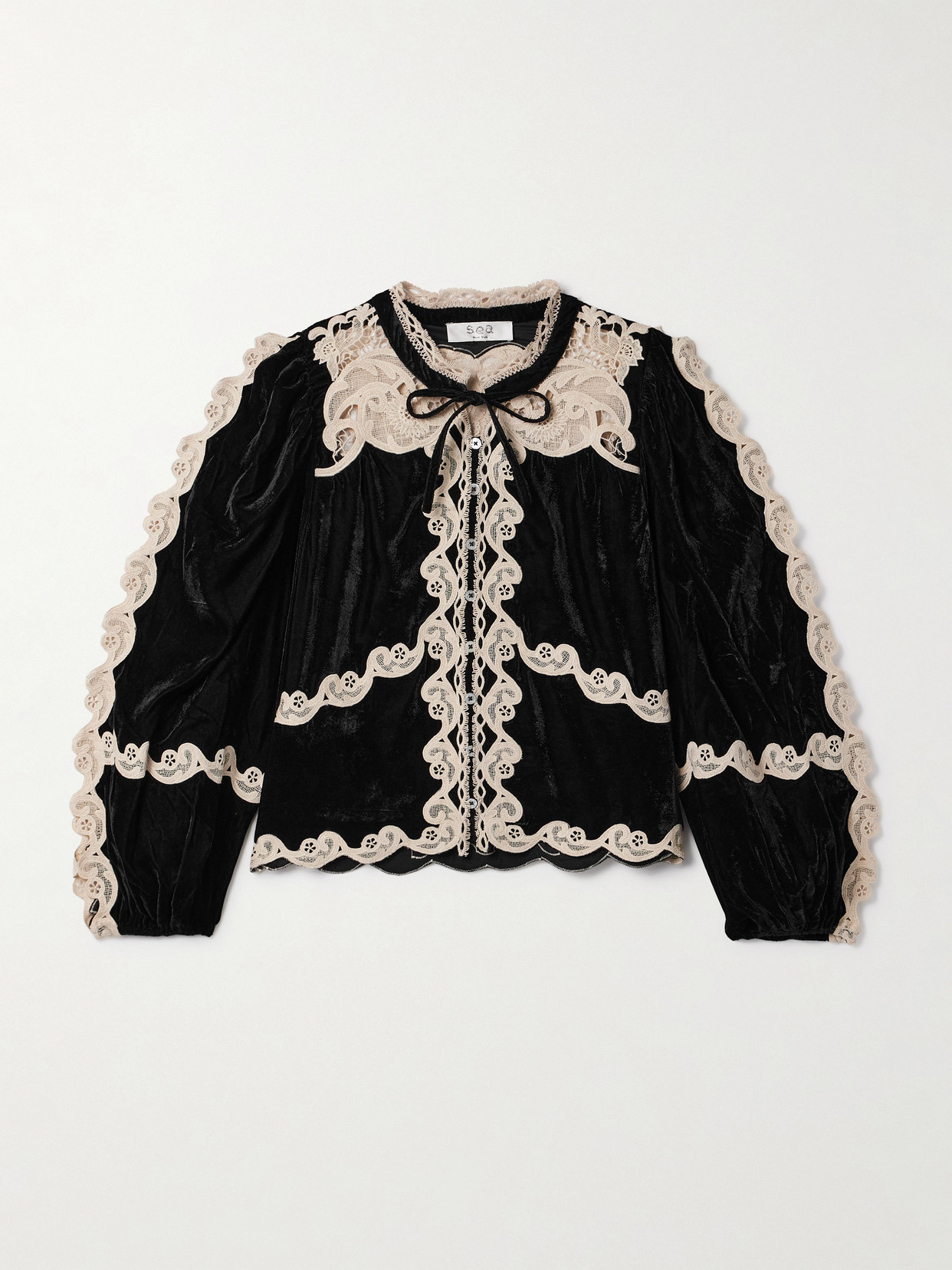 Sea Medina Guipure Lace-trimmed Velvet Blouse In Black