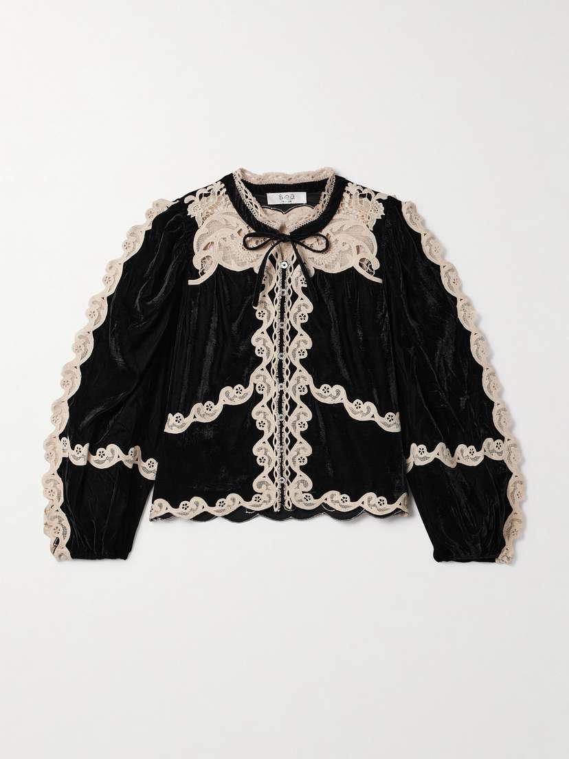 Sea Medina Guipure Lace-trimmed Velvet Blouse