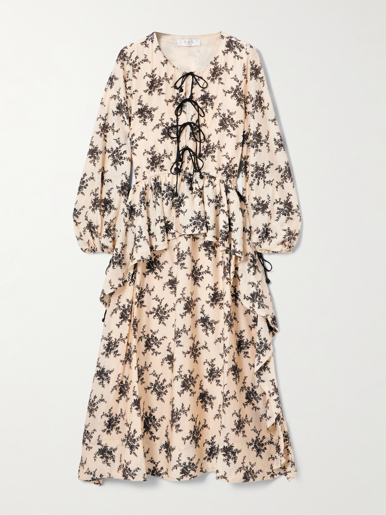 Sea Joan Tie-detailed Ruffled Floral-print Voile Midi Dress In Neutral