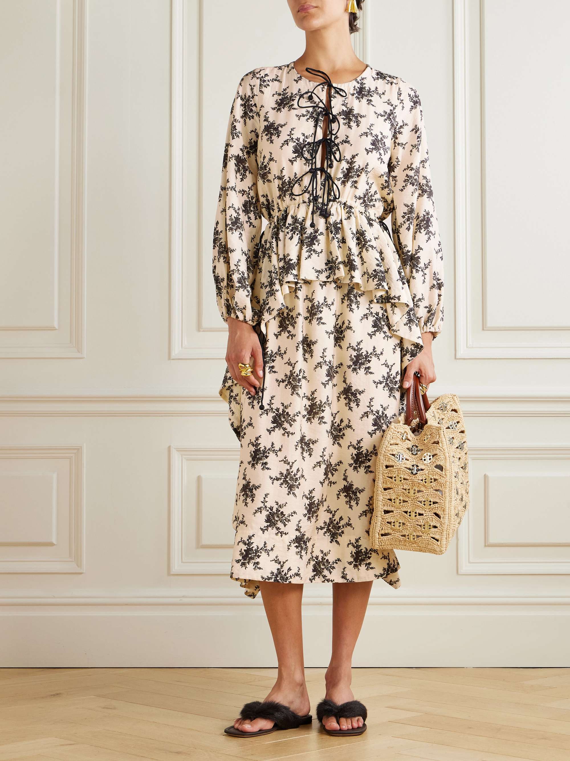 SEA Joan tie-detailed ruffled floral-print voile midi dress