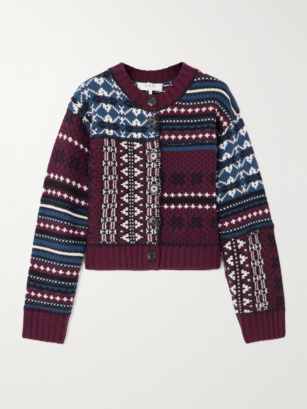 Sea Linea Paneled Fair Isle Merino Wool Cardigan In Burgundy