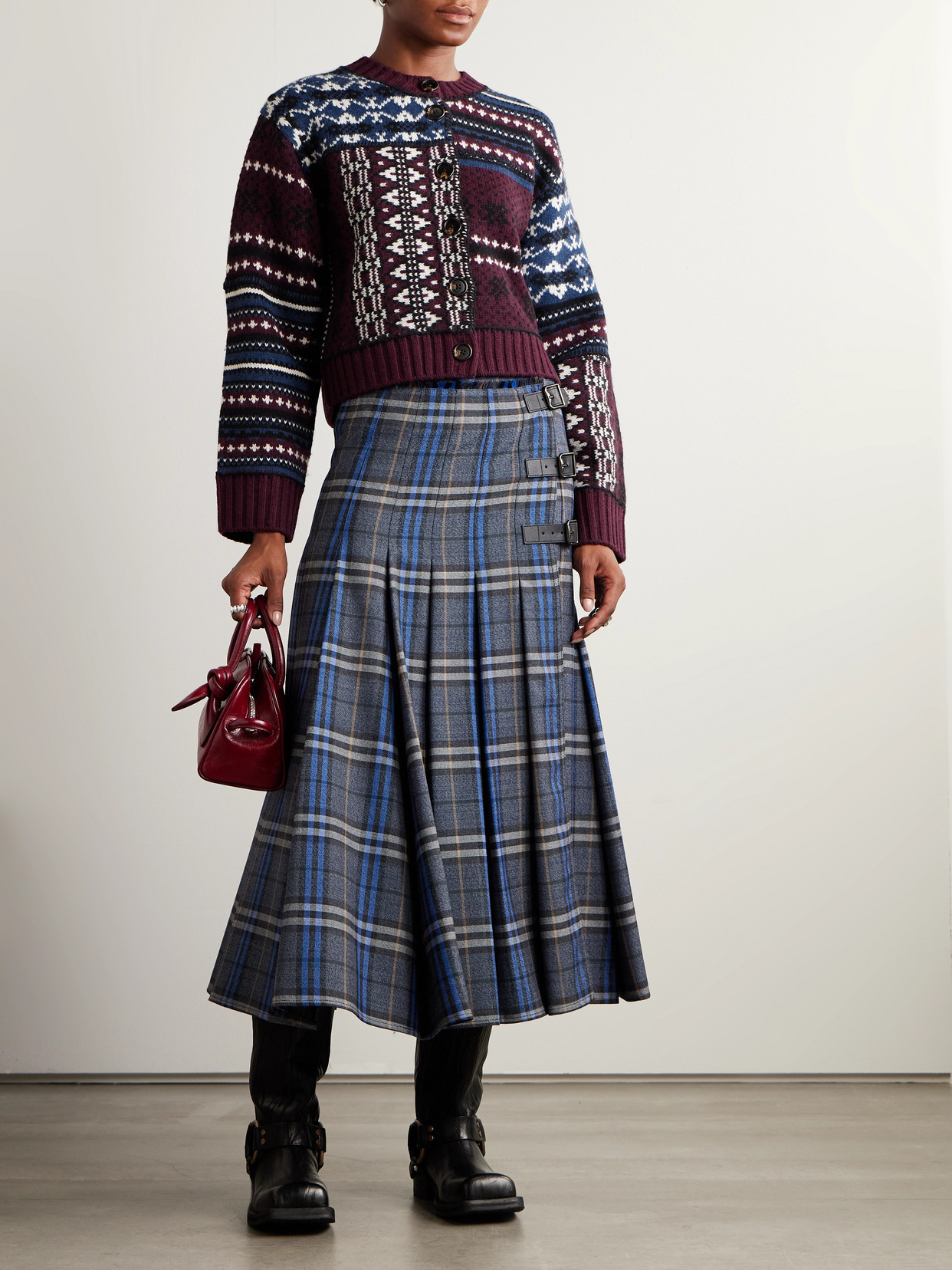 Sea Linea Paneled Fair Isle Merino Wool Cardigan In Burgundy