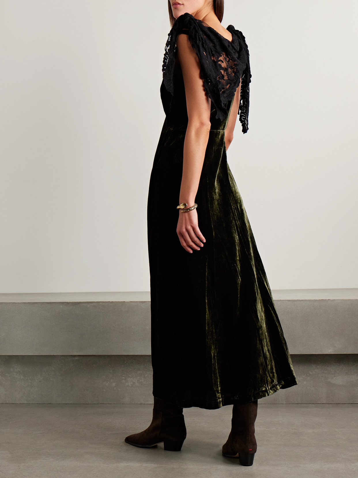 Sea Norabelle Lace-trimmed Crushed-velvet Maxi Dress In Green