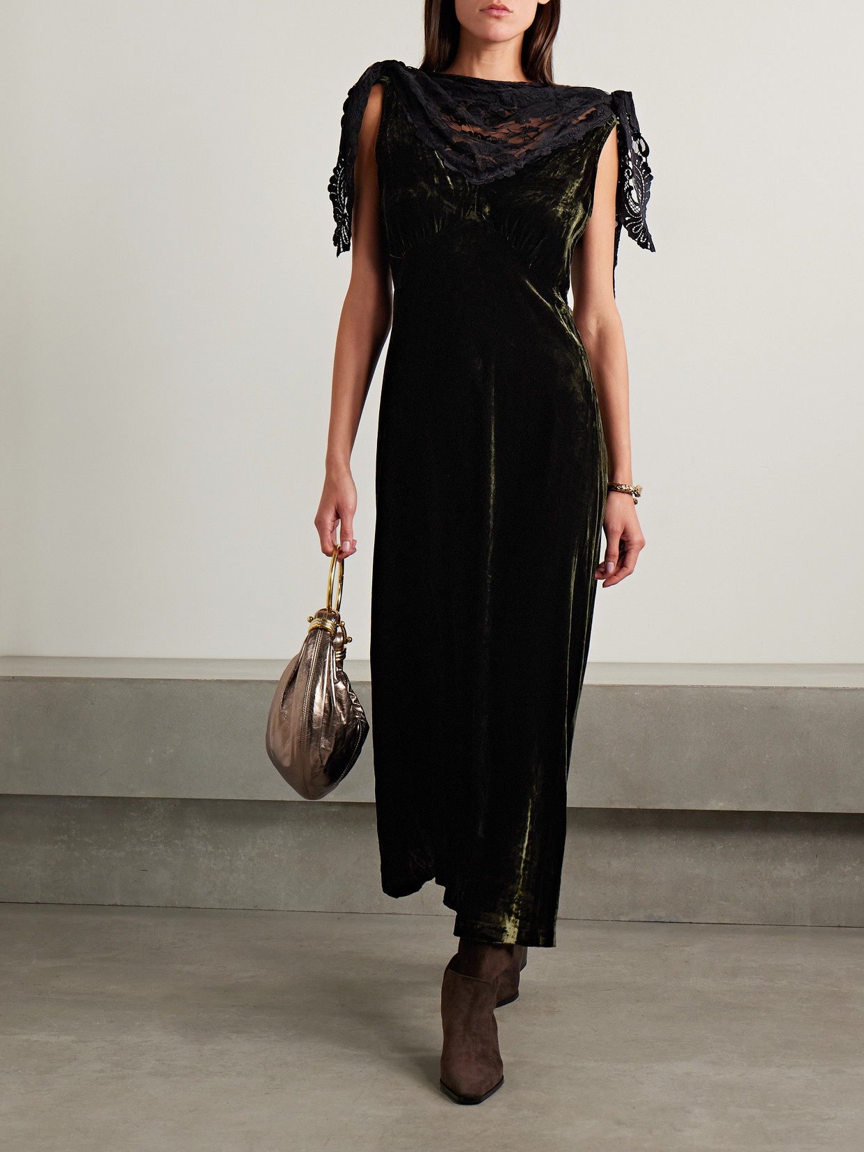Sea Norabelle Lace-trimmed Crushed-velvet Maxi Dress In Green
