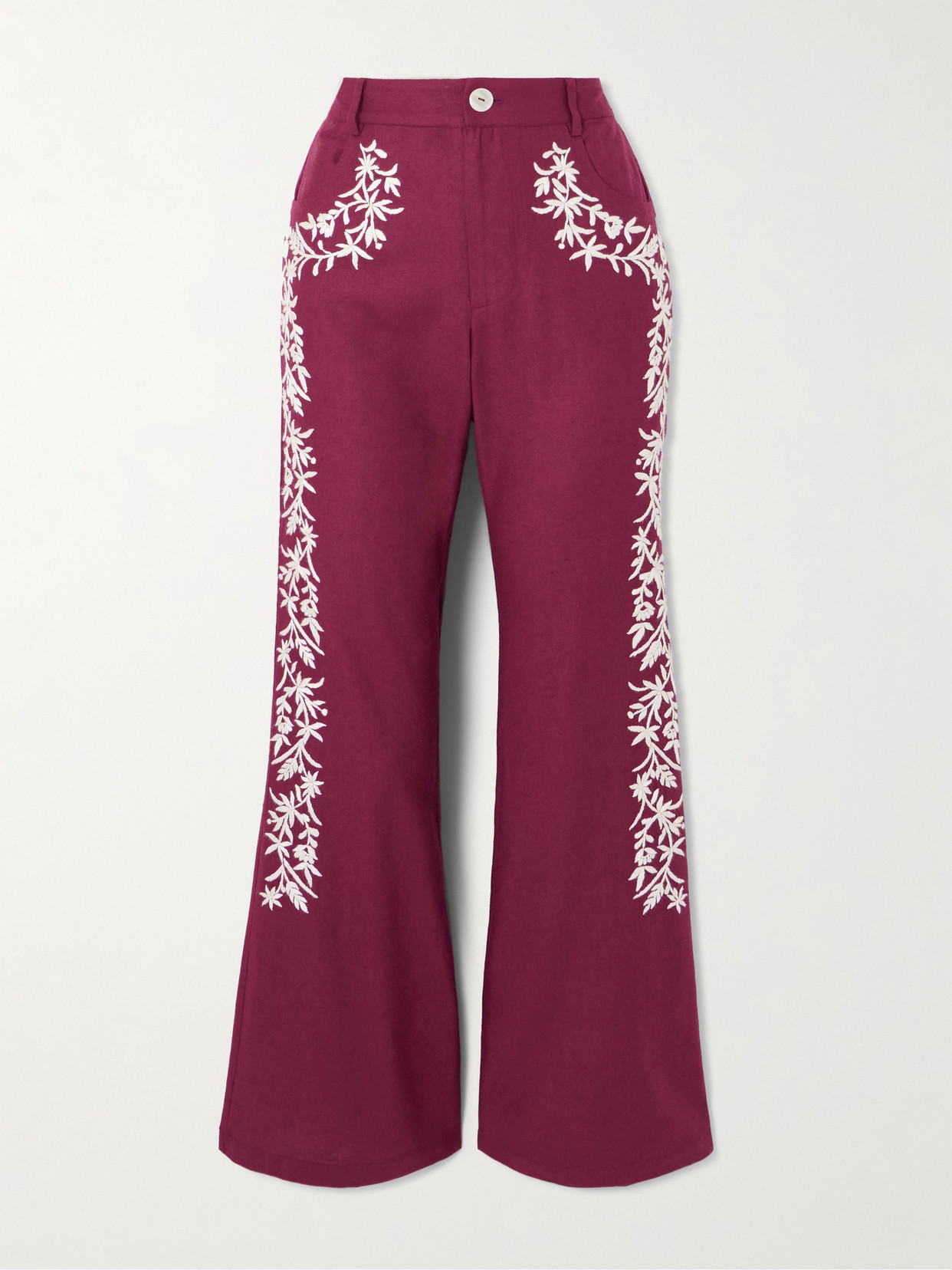 Alix Of Bohemia Bunny Canyon Embroidered Silk Flared Pants In Burgundy