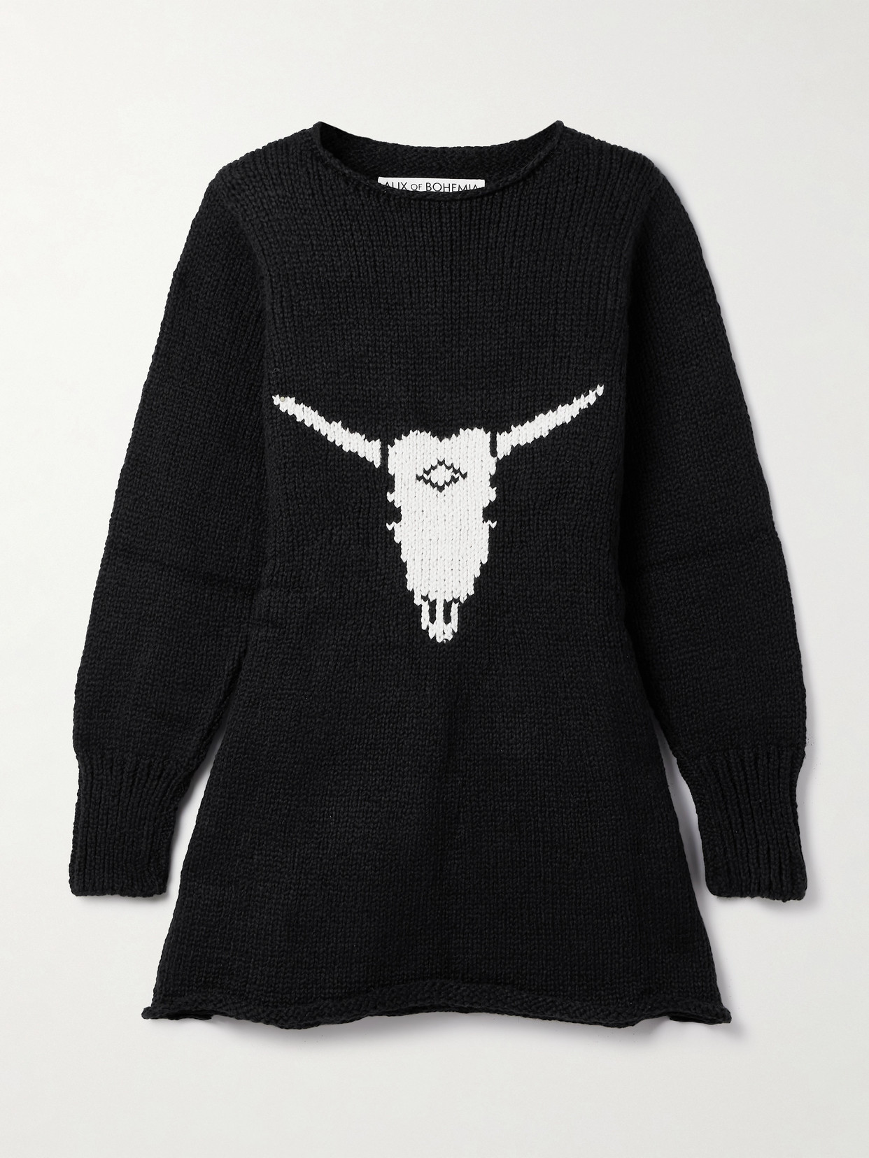 Alix Of Bohemia Renny Cow Skull Intarsia Organic Cotton Mini Dress In Black
