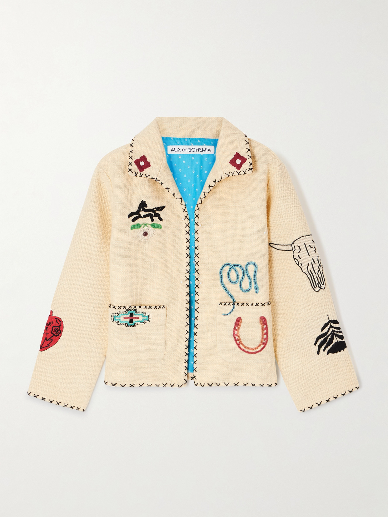 Alix Of Bohemia Francis Tye Tattoo Embroidered Bead-embellished Cotton-tweed Jacket In Neutral