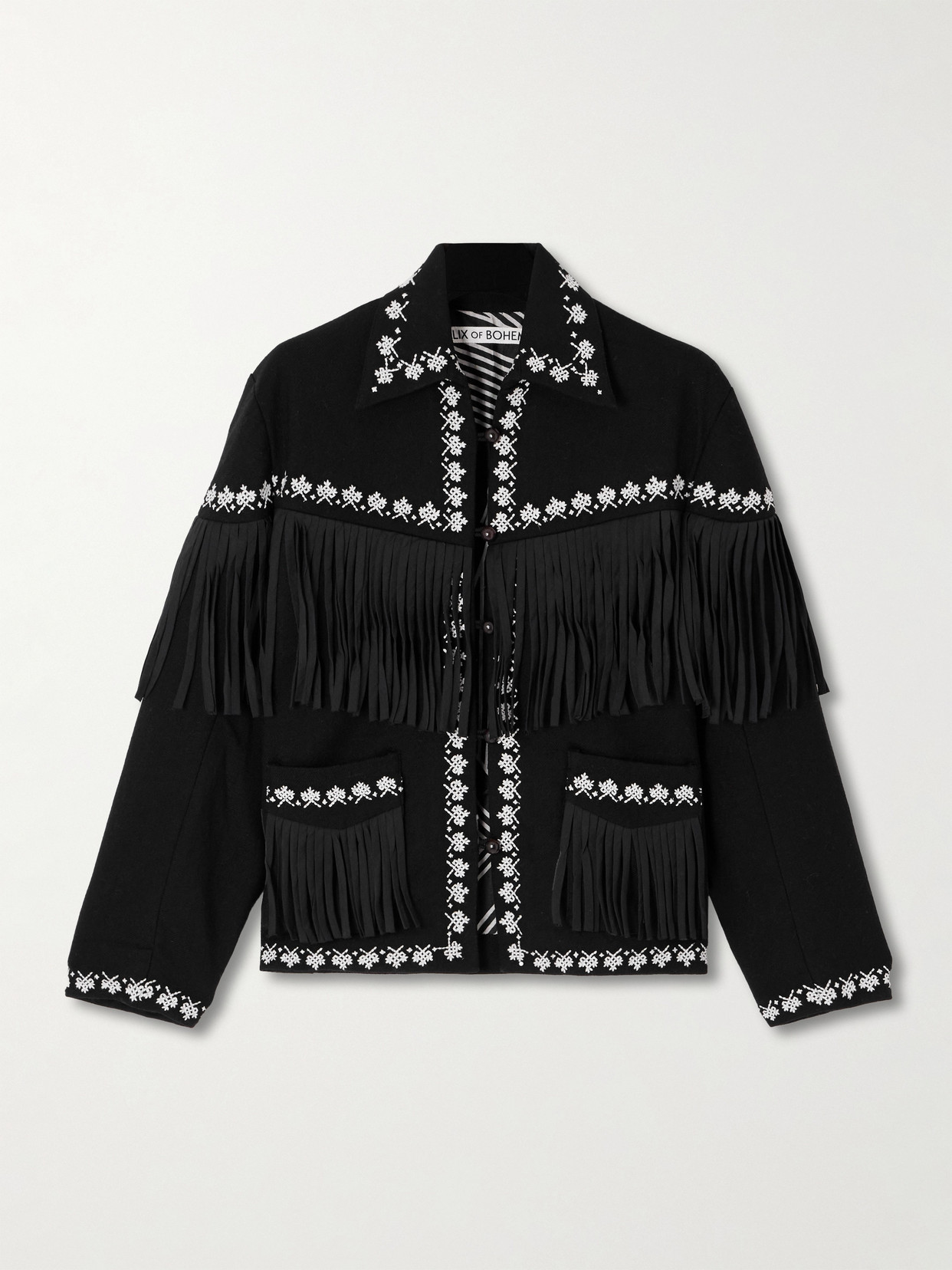 Alix Of Bohemia Jude Fringed Embroidered Wool-flannel Jacket In Black