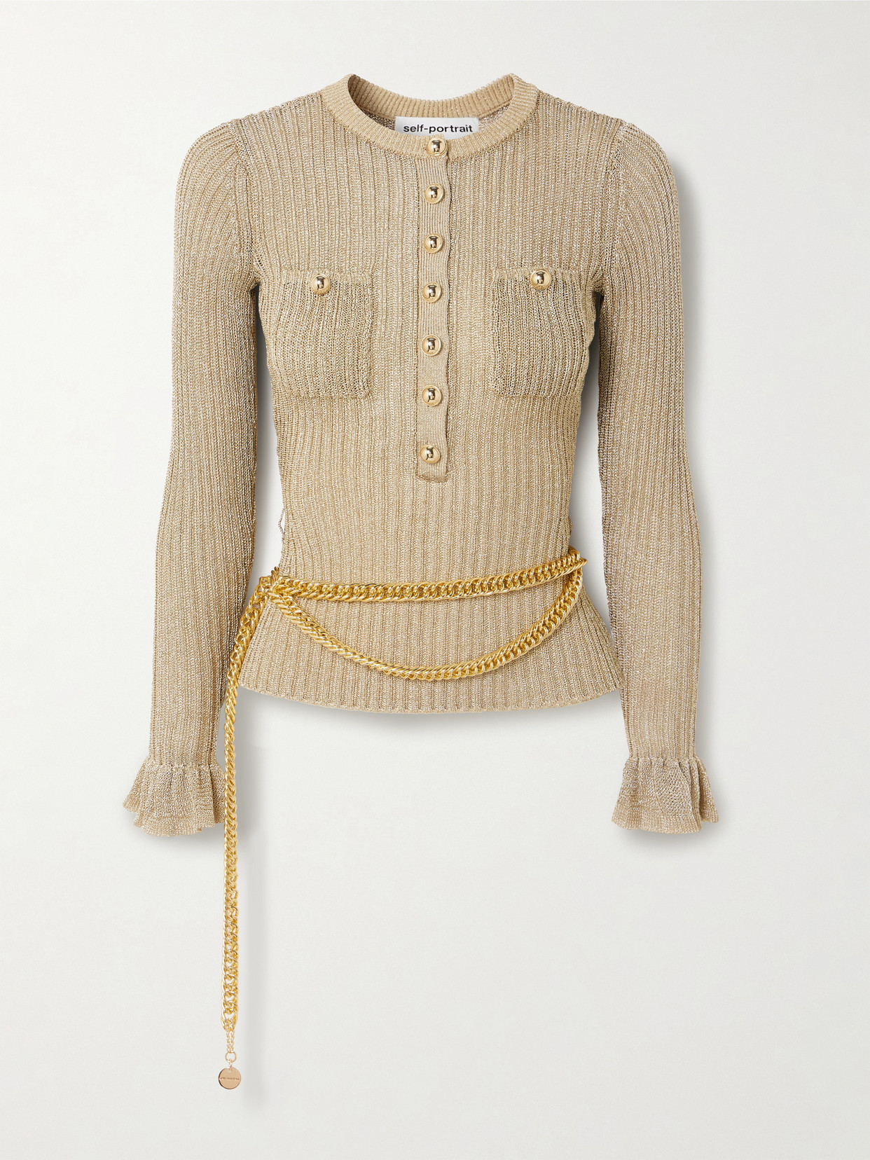 Self-portrait Belted Ruffled Metallic Ribbed-knit Top In Neutral