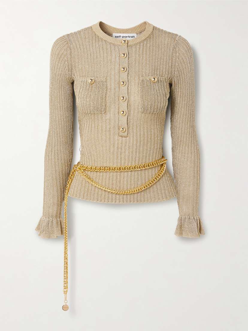Self-Portrait Belted Ruffled Metallic Ribbed-knit Top