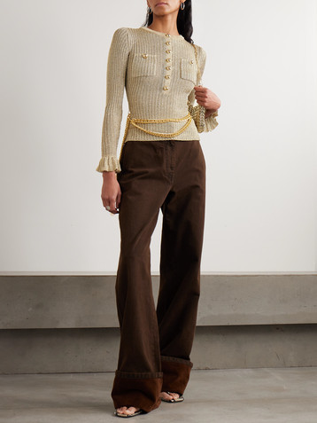 self-portrait Belted ruffled metallic ribbed-knit top