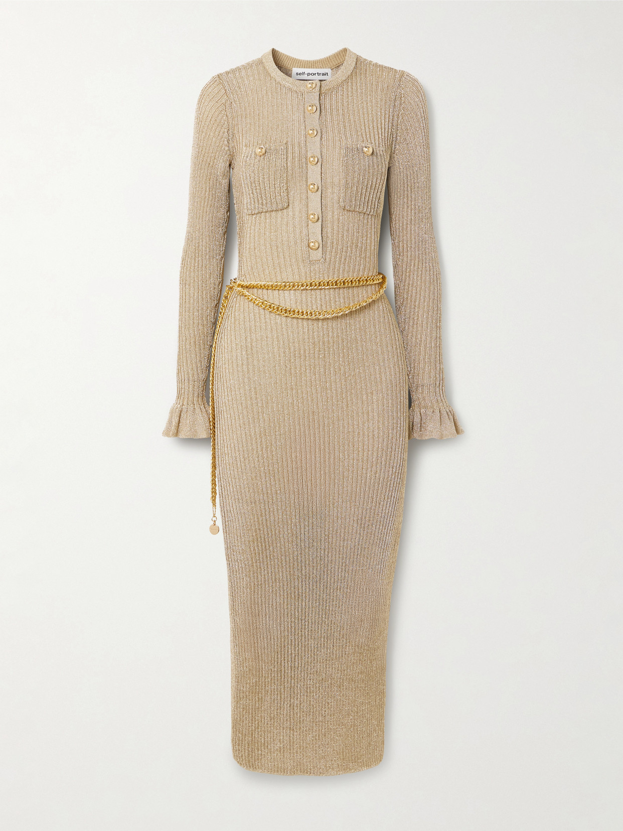 Self-portrait Belted Ruffled Metallic Ribbed-knit Midi Dress In Brown