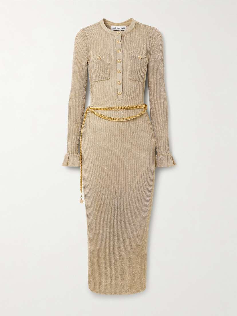 Self-Portrait Belted Ruffled Metallic Ribbed-knit Midi Dress