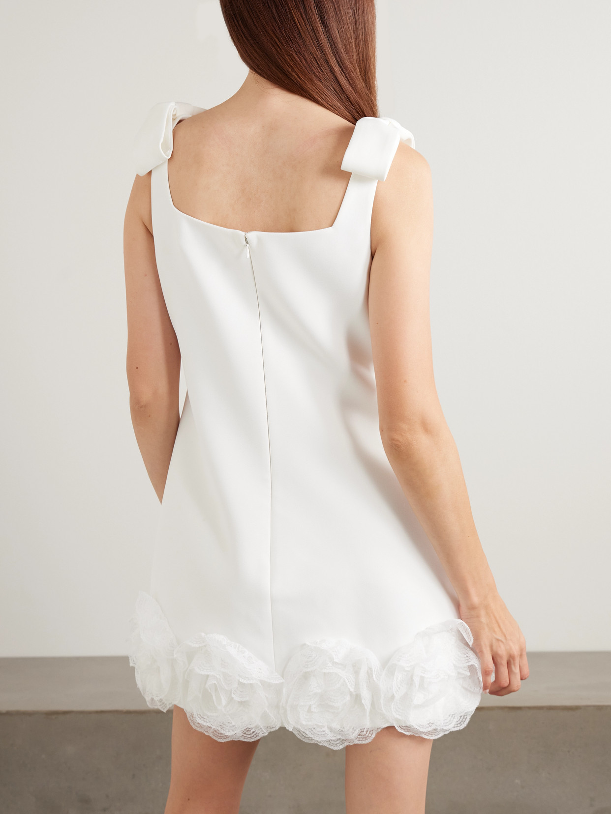 Self-portrait Bow-detailed Lace-trimmed Crepe Mini Dress In White
