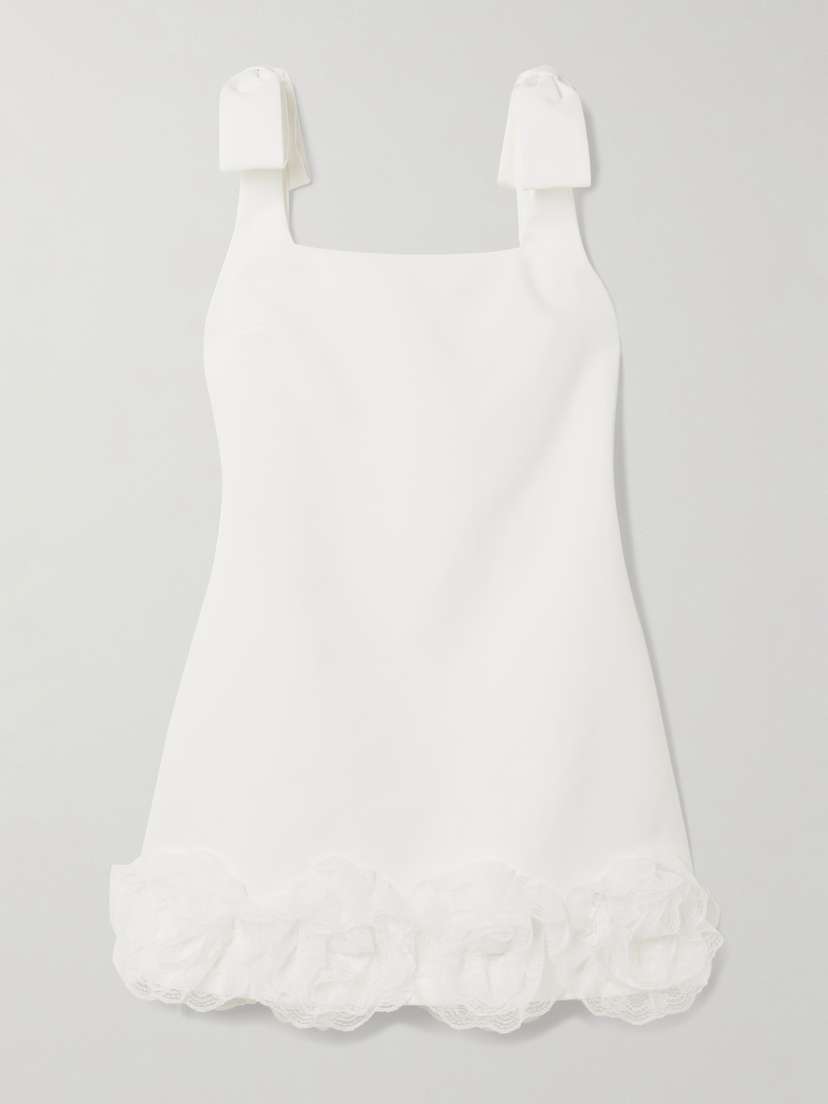 Self-Portrait Bow-detailed Lace-trimmed Crepe Mini Dress