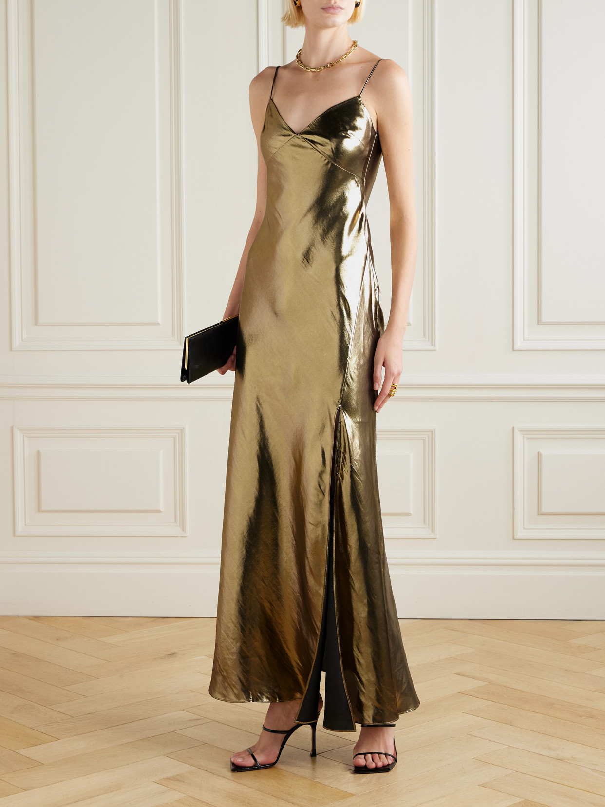 Self-portrait Satin Maxi Dresss In Gold