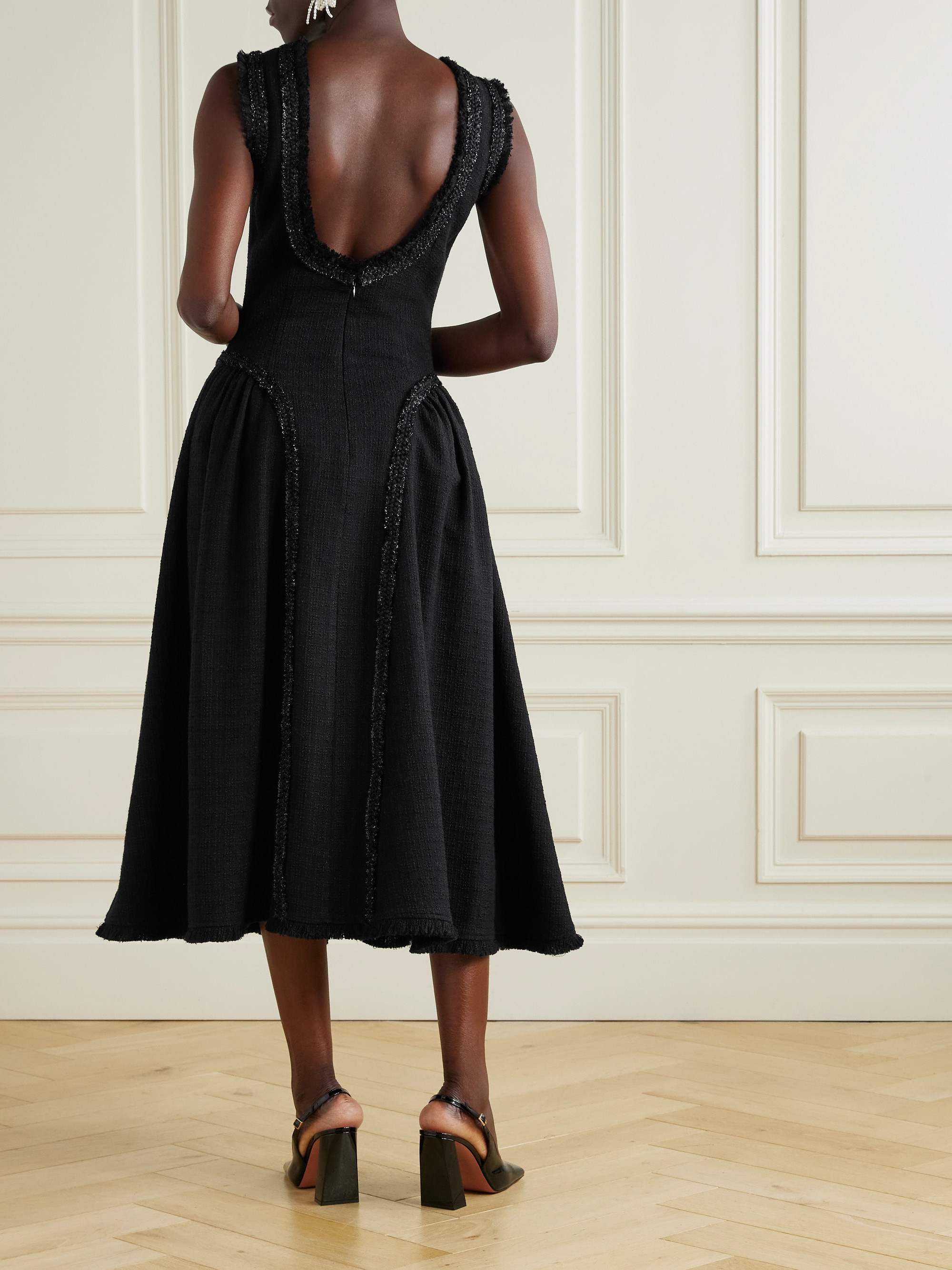 metallic boucl v-neck tailored midi dress Navy Metallic Structured Boucle Midi Dress  self-portrait-US