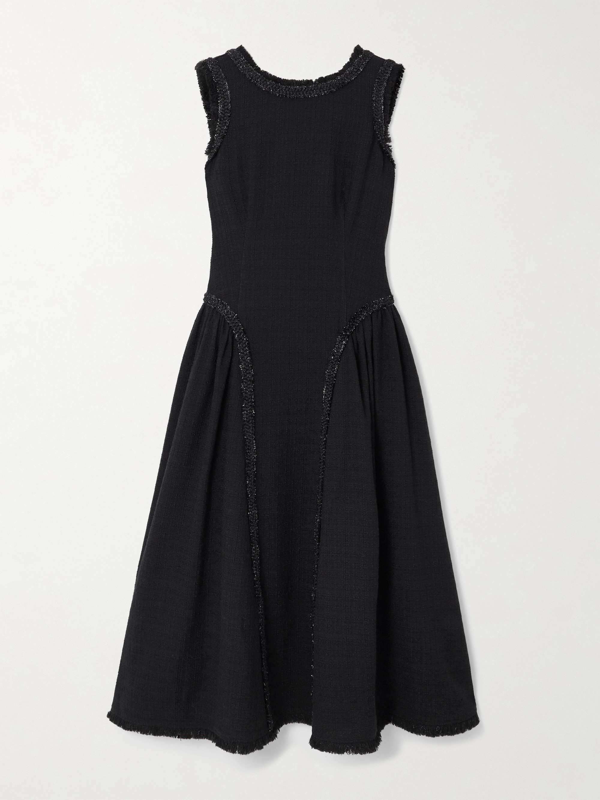 self-portrait - Open-back metallic-trimmed bouclé-tweed midi dress