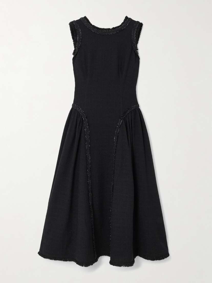 Self-Portrait Open-back Metallic-trimmed Bouclé-tweed Midi Dress