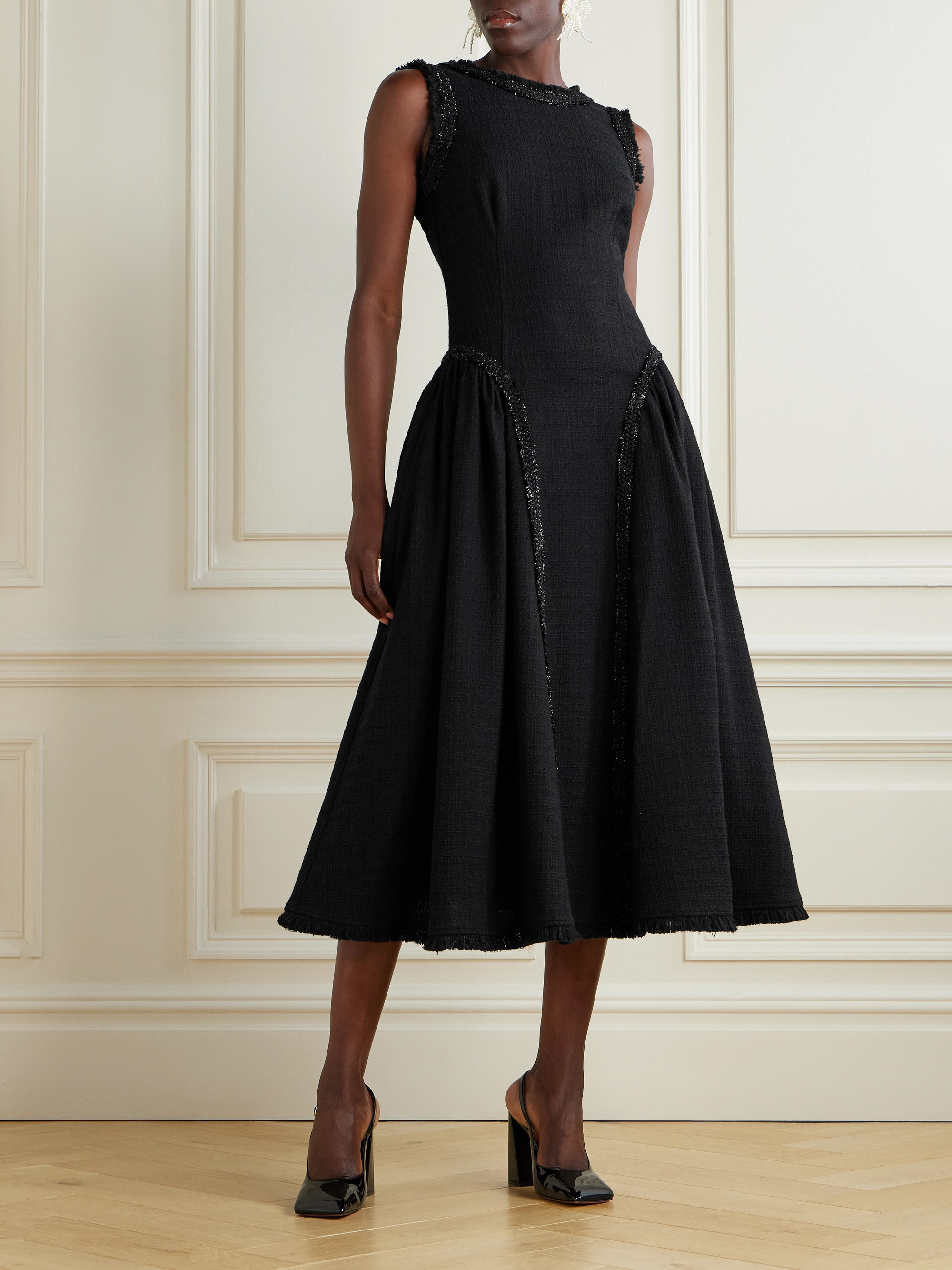 self-portrait - Open-back metallic-trimmed bouclé-tweed midi dress