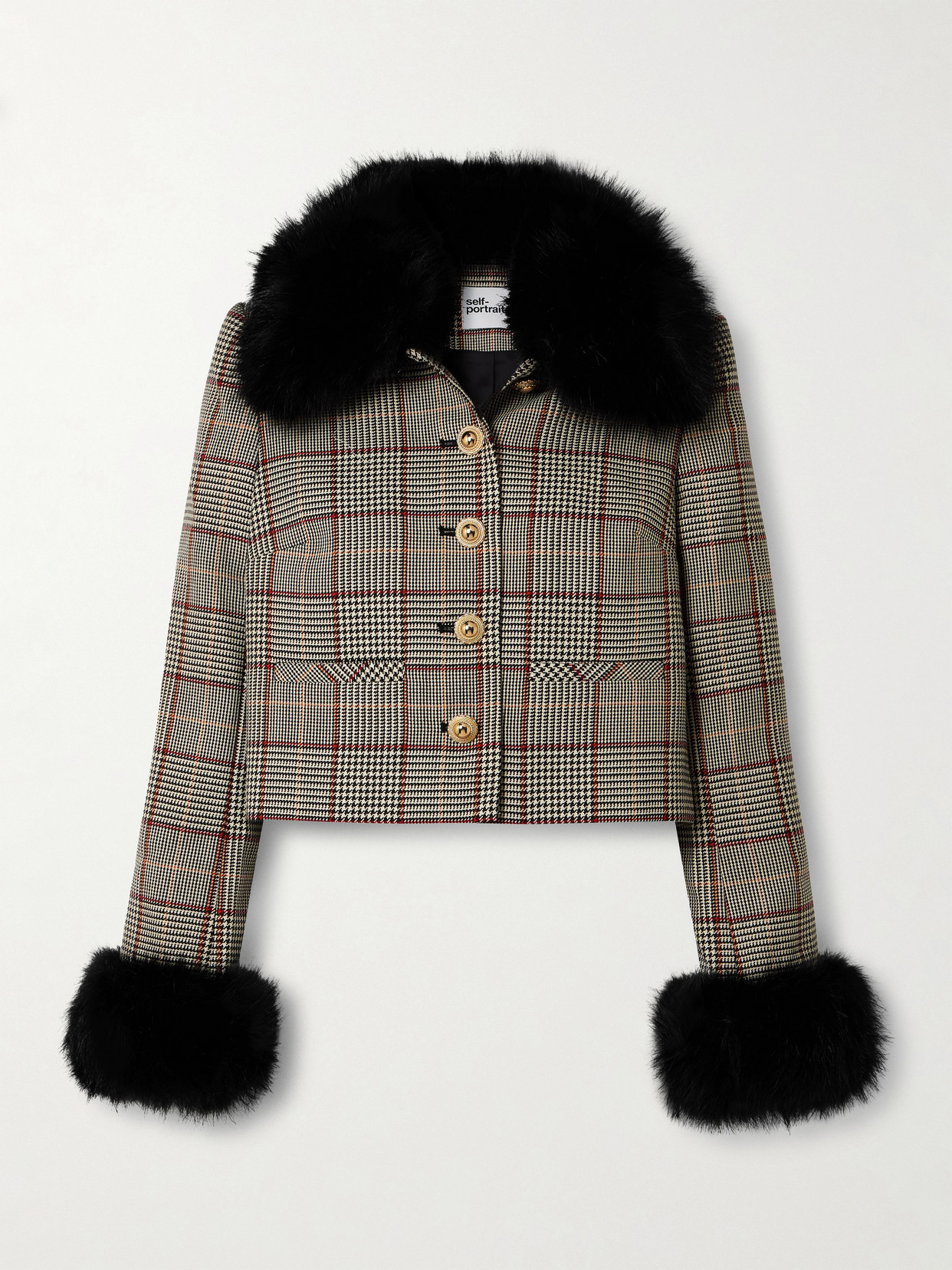 Self-portrait Plush-trimmed Checked Wool-blend Jacket In Black