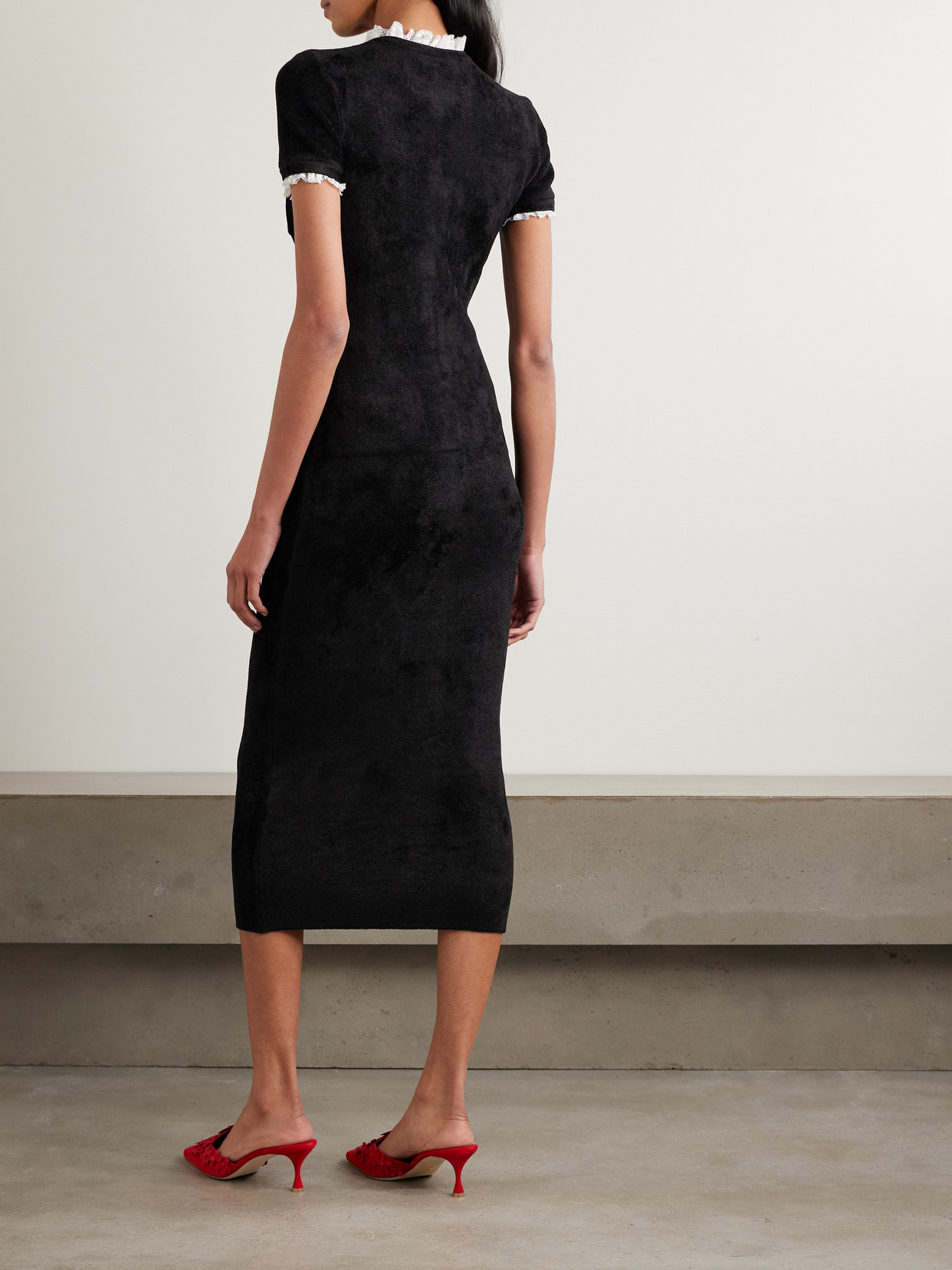 Self-portrait Womens Black Crystal-embellished Lace-trim Chenille-knit Midi Dress In Black