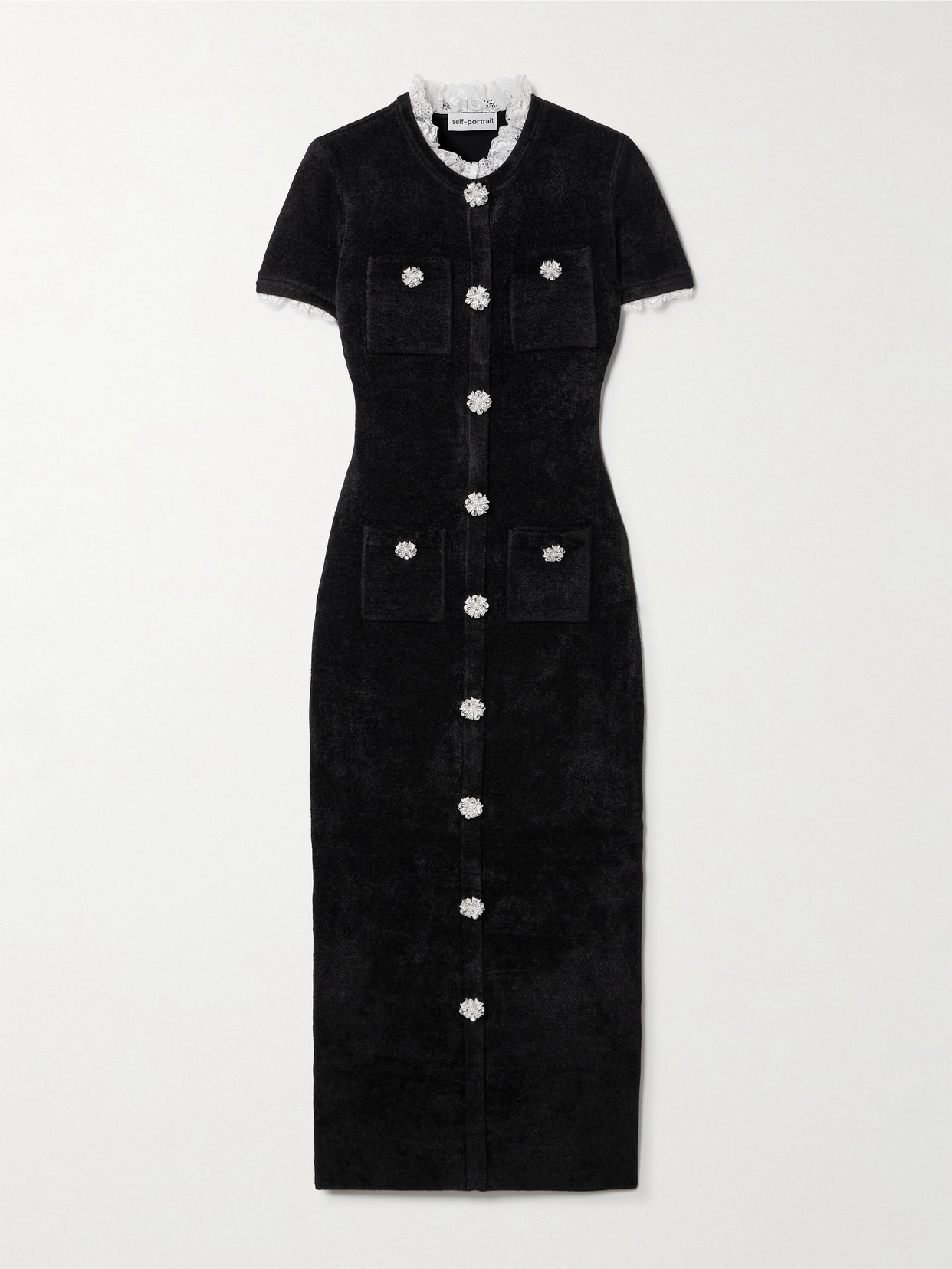 Self-portrait Womens Black Crystal-embellished Lace-trim Chenille-knit Midi Dress In Black
